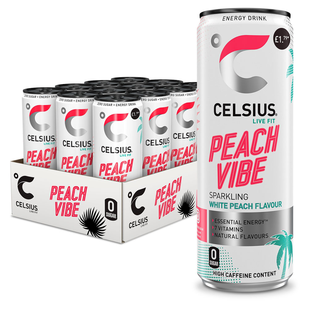 Celsius Peach Vibe 355ml (12 Pack) Price Marked £1.79